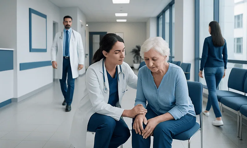 Doctor examining elderly woman's knee in hospital corridor.
