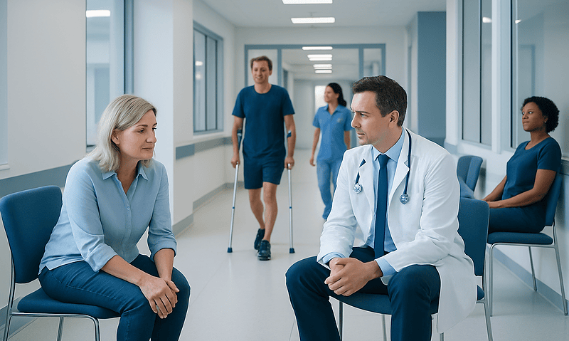Doctor consulting a patient in a hospital corridor with medical staff in the background.