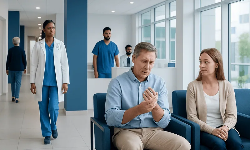 Patient experiencing hand pain in a hospital waiting area.