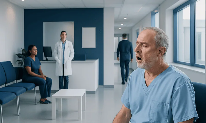 Elderly man experiencing difficulty breathing in hospital waiting area.