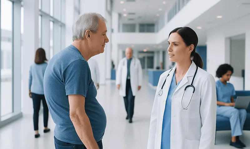 Doctor consulting with an elderly male patient in hospital corridor.