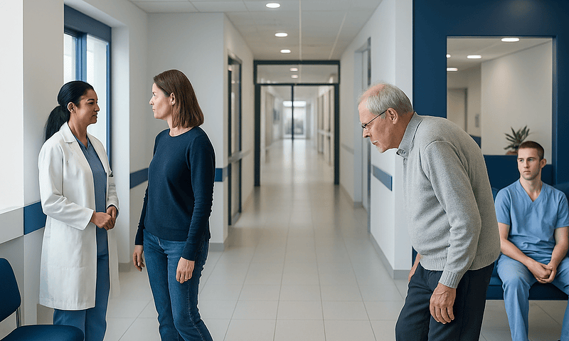 Doctor consulting with a patient in a hospital corridor with a nurse and a young patient nearby.