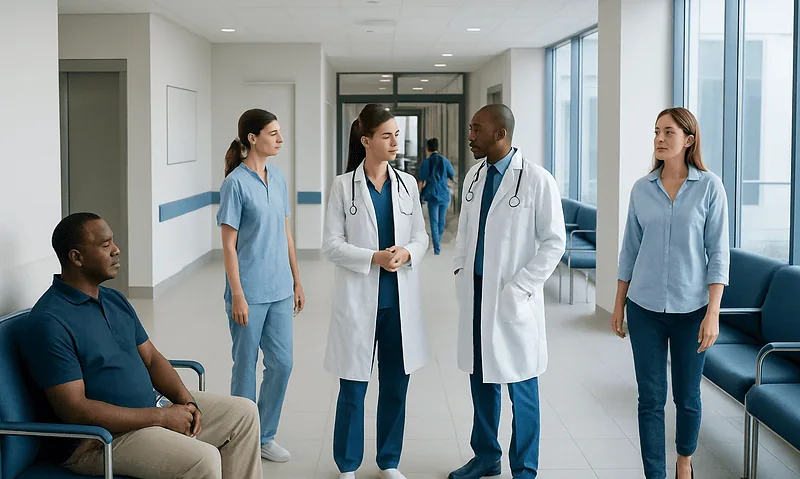 Medical team discussing patient care in hospital corridor.