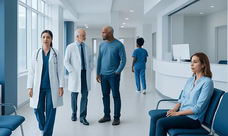 Medical staff and patients in a modern hospital corridor.