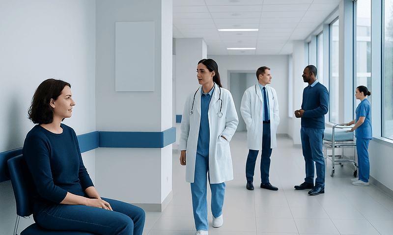Medical consultation in a hospital corridor with healthcare professionals and patient.