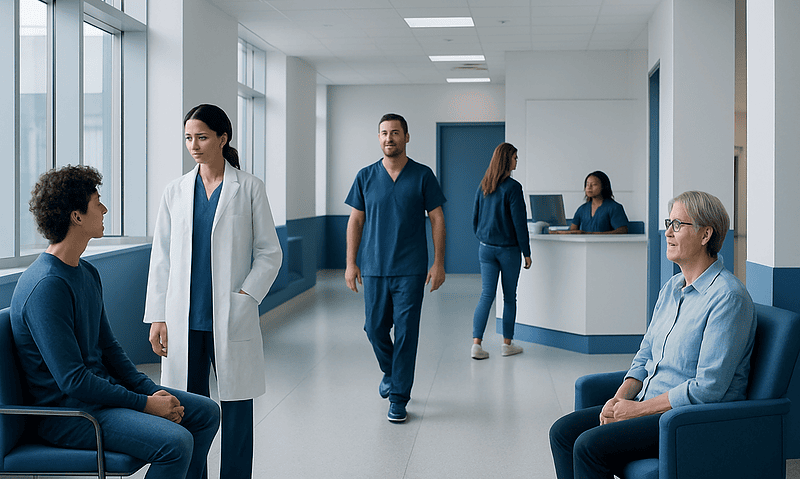 Medical staff and patients in a modern hospital corridor.