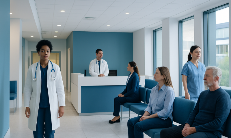 Diverse medical team waiting in hospital lobby for patient consultation.