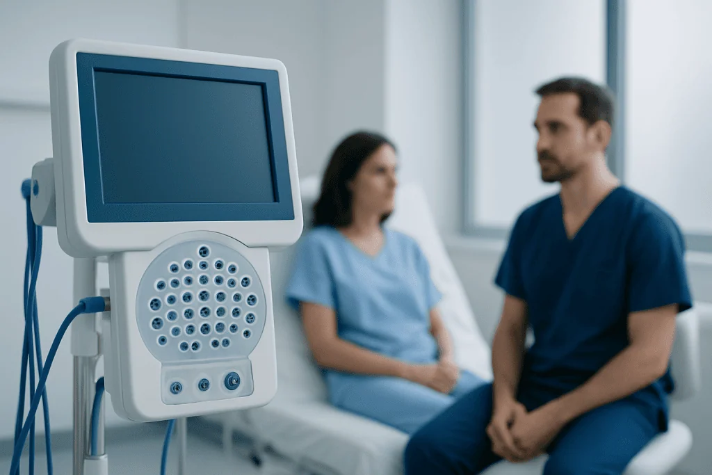 Medical consultation with a monitor in a hospital room.