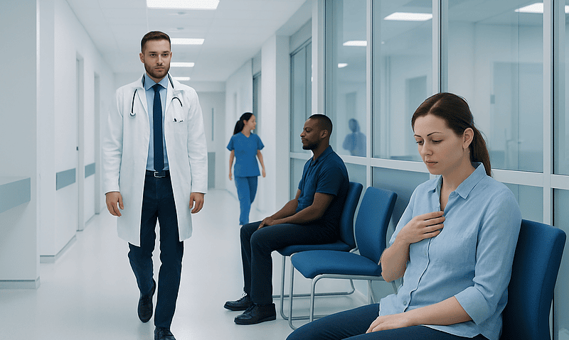 Medical professionals and patients in a hospital corridor.
