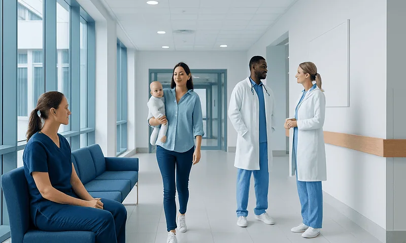 Healthcare professionals and a mother with a baby in a hospital corridor.