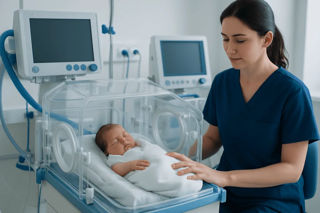 Newborn in incubator with nurse in hospital neonatal unit.