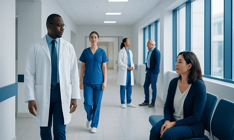 Medical team in hospital corridor with patient waiting area.