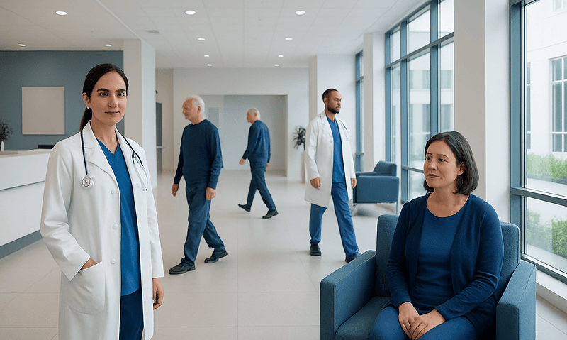 Medical professionals and patient in a modern hospital waiting area.