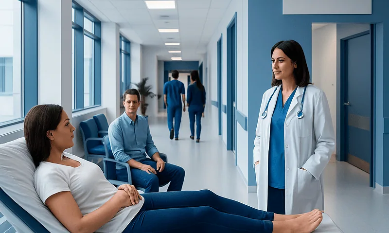 Medical consultation at Acibadem Hospital with doctor and patient in hallway.