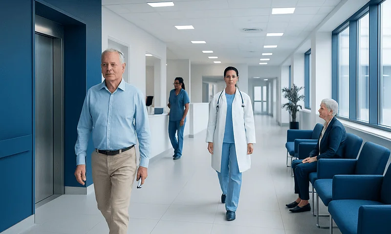 Hospital corridor with doctors and patients in a modern healthcare facility.
