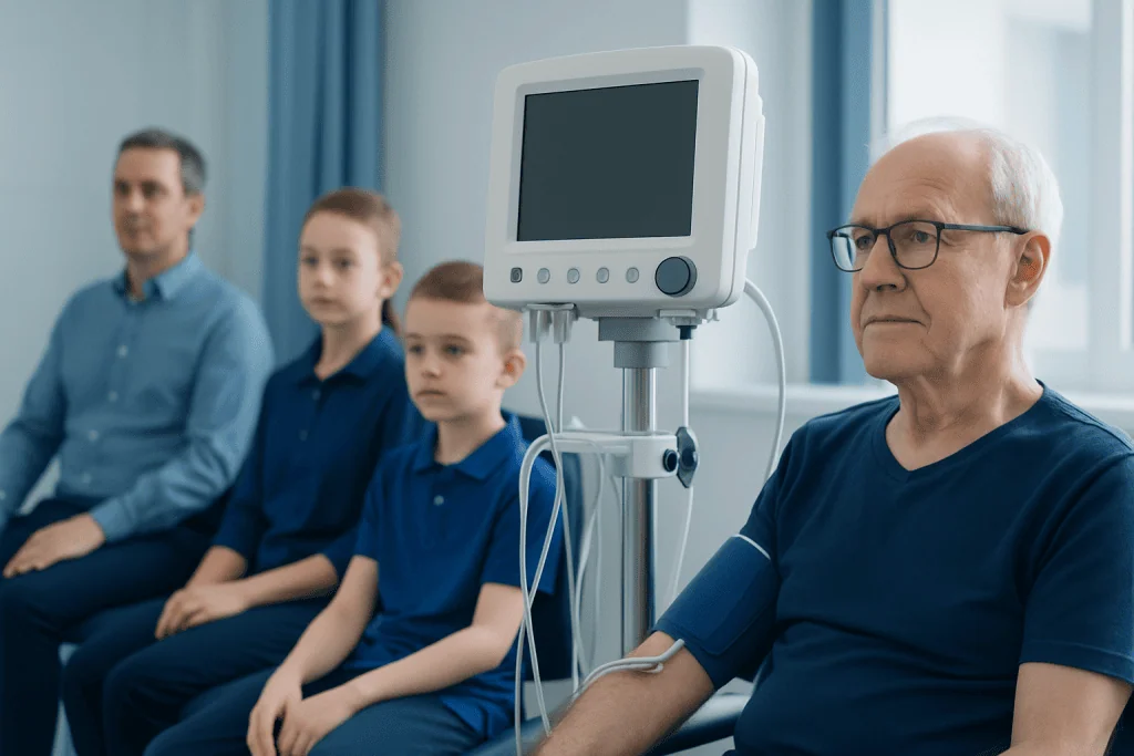 Doctor monitoring patient with medical equipment in hospital setting.