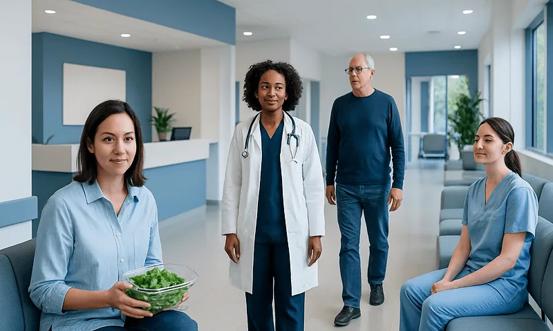 Medical team in hospital corridor with patients and doctor.