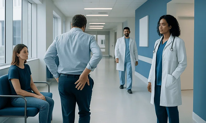 Doctor consulting patient in hospital corridor with medical staff nearby.