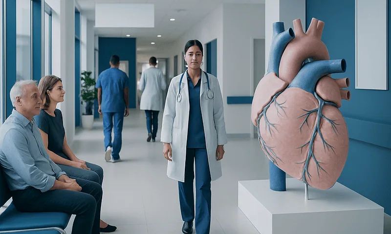 Hospital corridor with a large heart model and medical staff and patients.