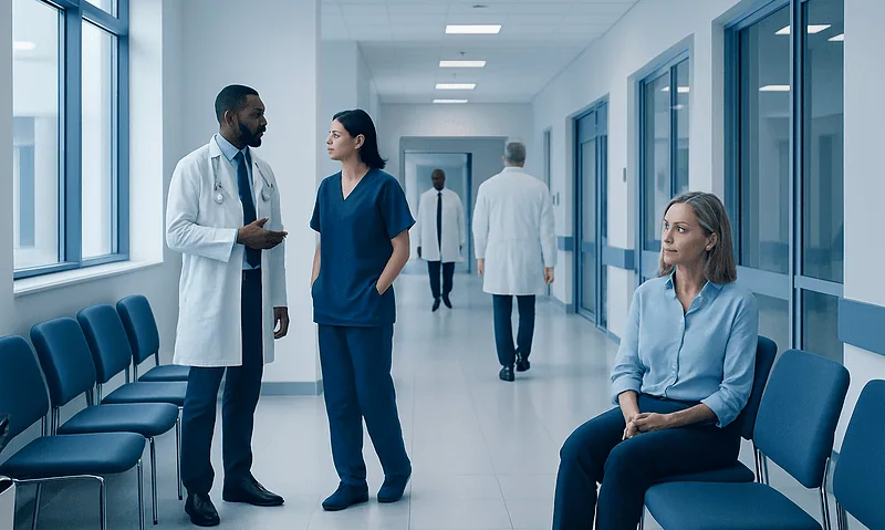 Medical professionals and patient in hospital corridor at Acibadem Hospitals Group.
