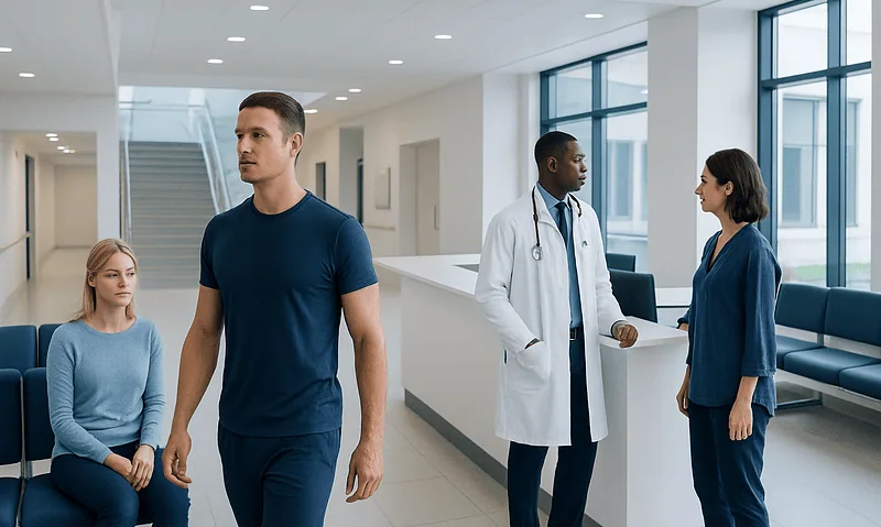 Medical consultation in a modern hospital lobby with diverse healthcare professionals and patients.