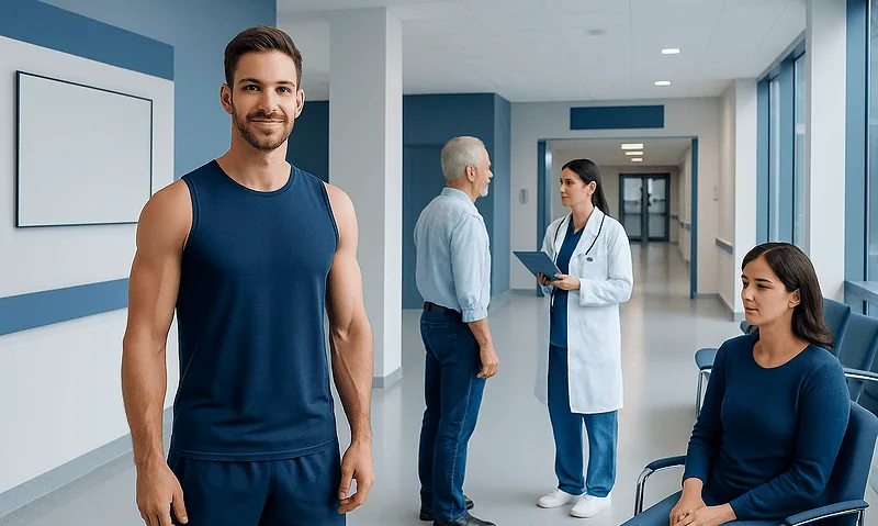 Healthy young man in hospital corridor with medical staff and patient.