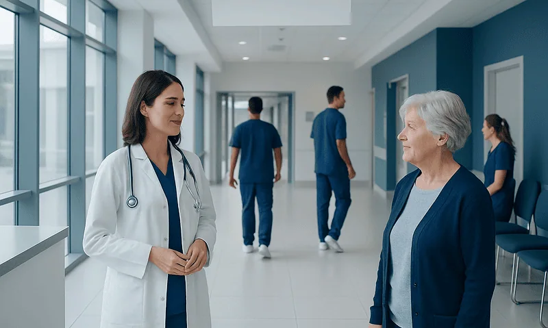 Doctor talking to an elderly patient in a hospital corridor.