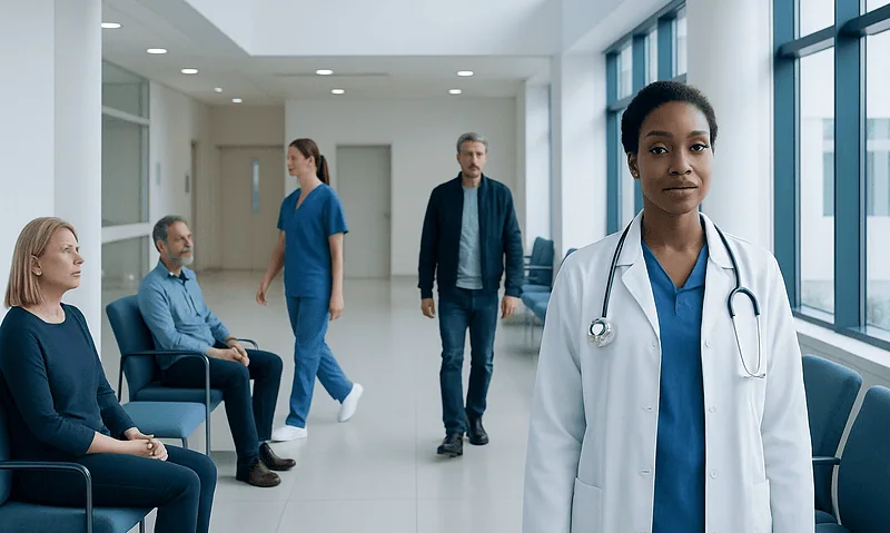 Diverse medical team in hospital corridor with patient waiting area.