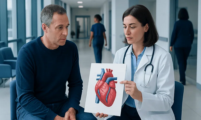Doctor explaining heart diagram to patient in hospital corridor.