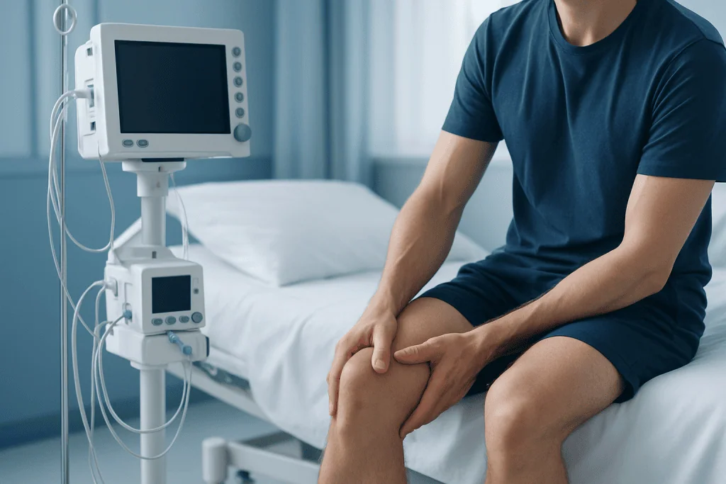 Patient experiencing leg cramps in a hospital room with medical monitoring equipment.
