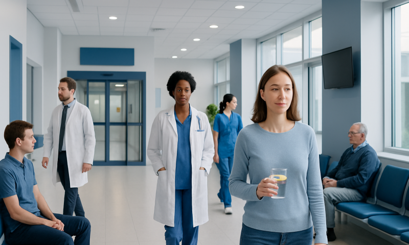 Patients and medical staff in a hospital corridor at Acibadem Hospitals Group.
