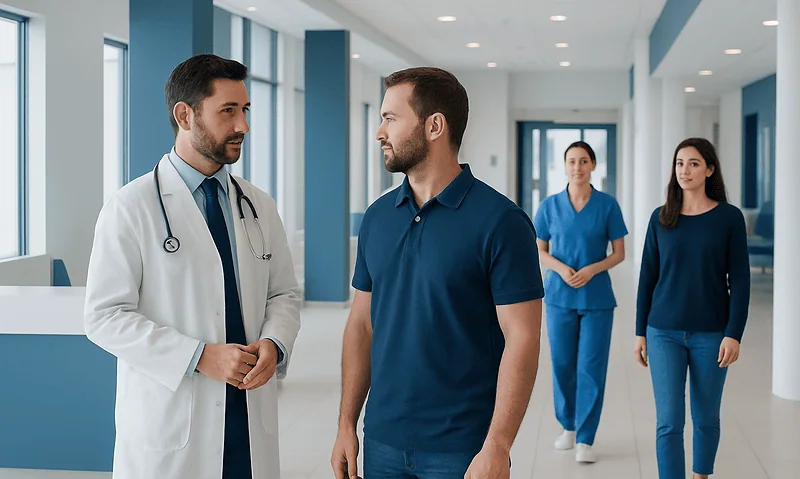 Medical team discussing patient care in hospital corridor.