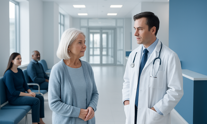Doctor consulting elderly woman in hospital corridor with waiting patients.