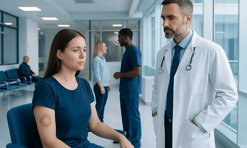 Patient with skin lesion consults doctor in hospital corridor.