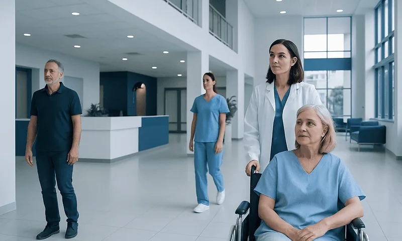 Hospital staff assisting elderly patient in modern healthcare facility.