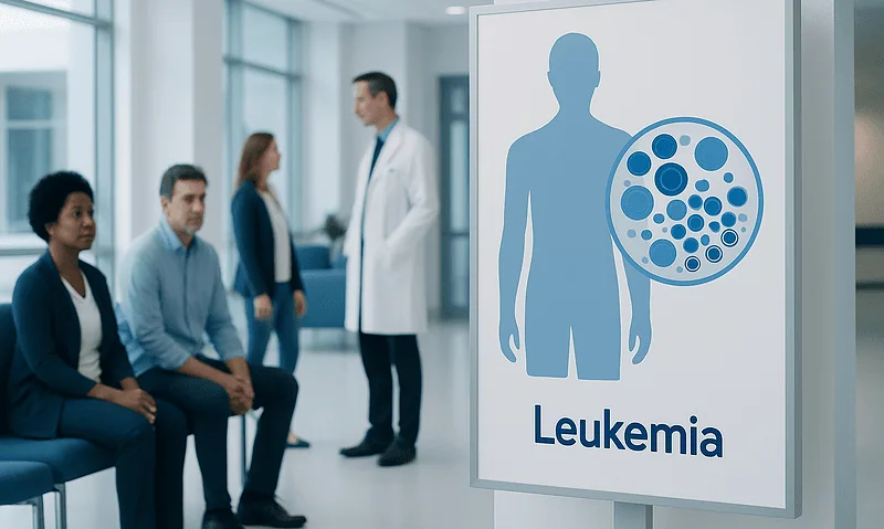 Leukemia awareness poster in a hospital waiting area.