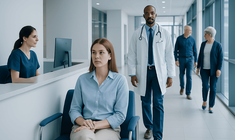 Medical clinic with patients and healthcare professionals in a modern hospital.