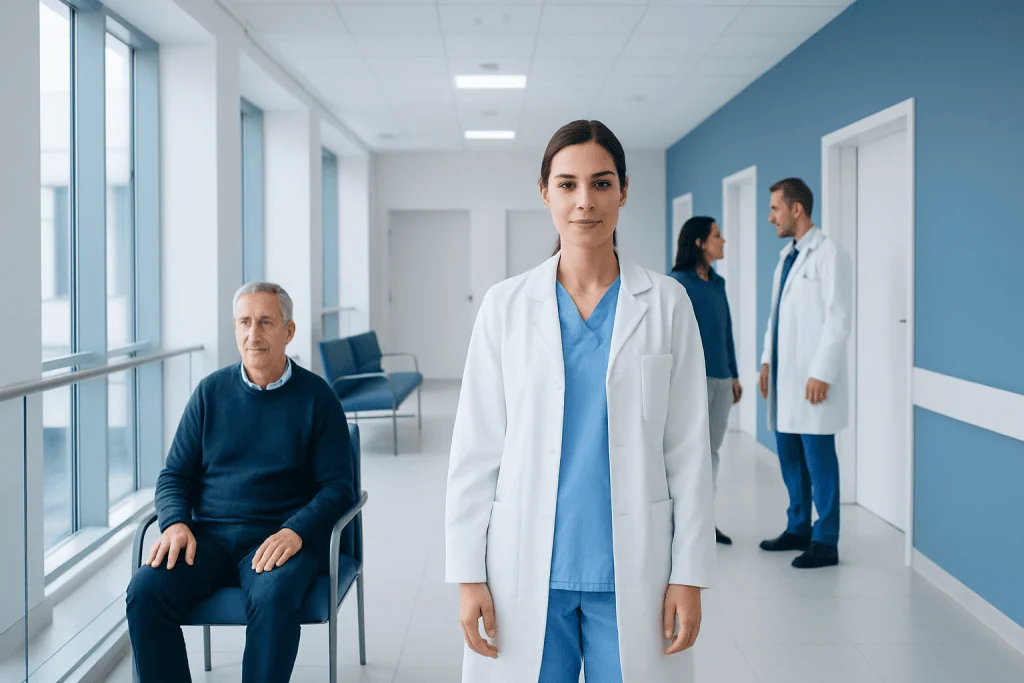 Leukoplakia: What Patients Need to Know 1 Medical professionals and patient in a hospital corridor.