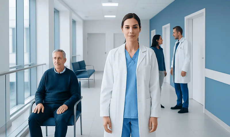 Medical professionals and patient in a hospital corridor.