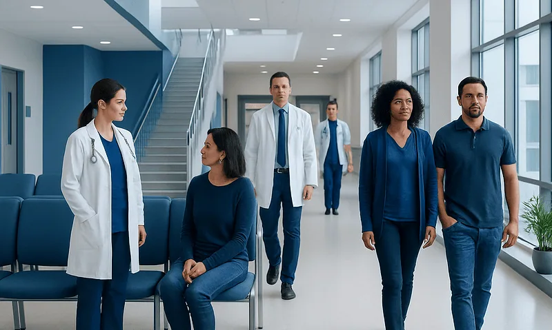 Medical team in hospital corridor with patients and staff.