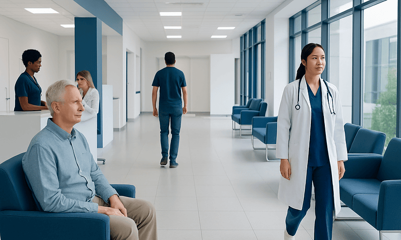 Hospital waiting area with patients and medical staff at Acibadem Hospitals Group.