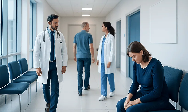 Medical professionals and patient in hospital corridor.