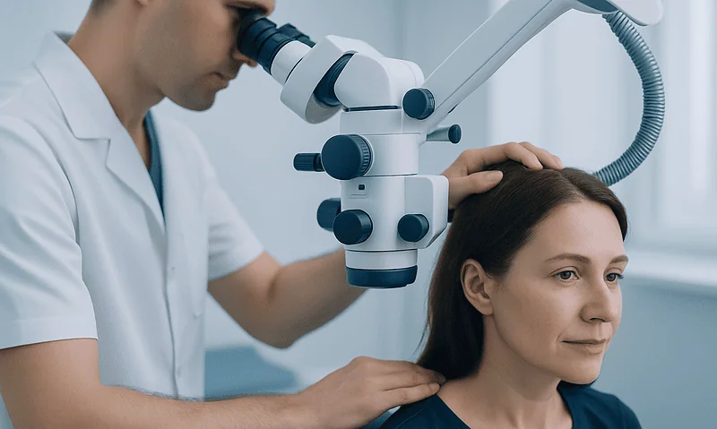 Doctor examining patient's scalp with a microscope for lice detection.