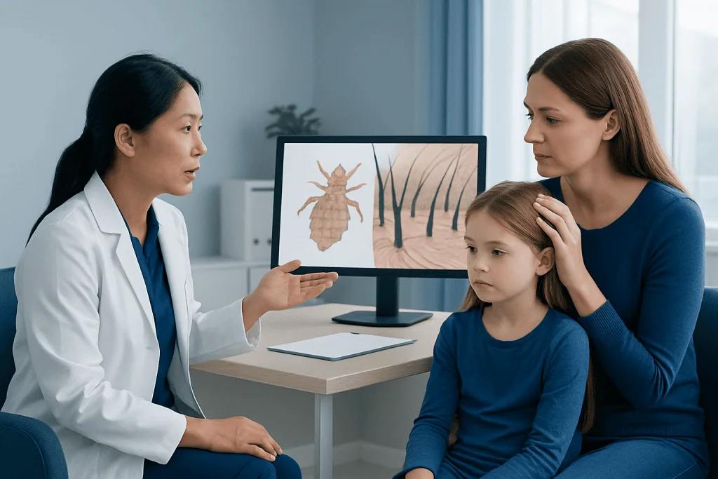 Doctor explaining head lice to mother and daughter in clinic.