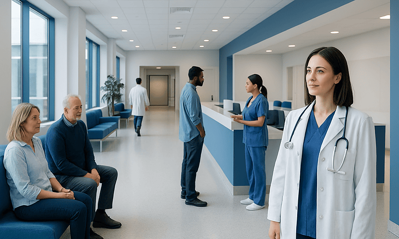 Healthcare professionals and patients in a modern hospital waiting area.