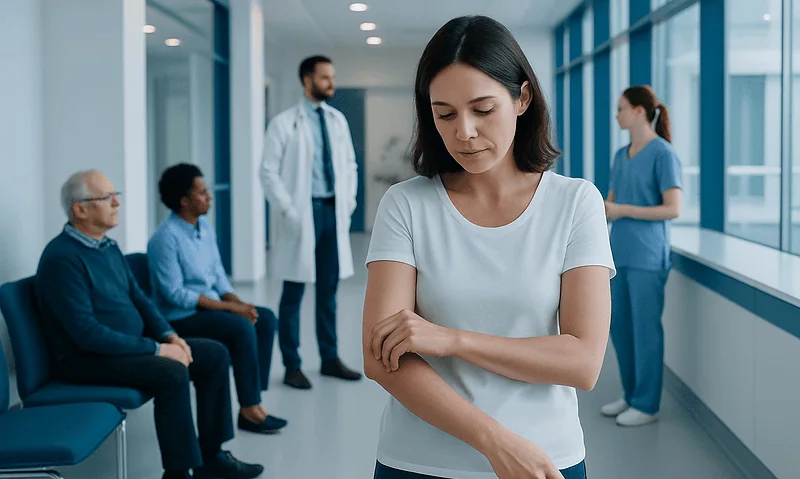 Concerned woman waiting in a hospital corridor with medical staff and patients.