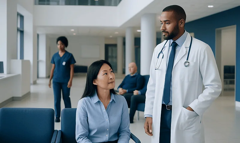 Medical consultation in a modern hospital with doctor and patient.