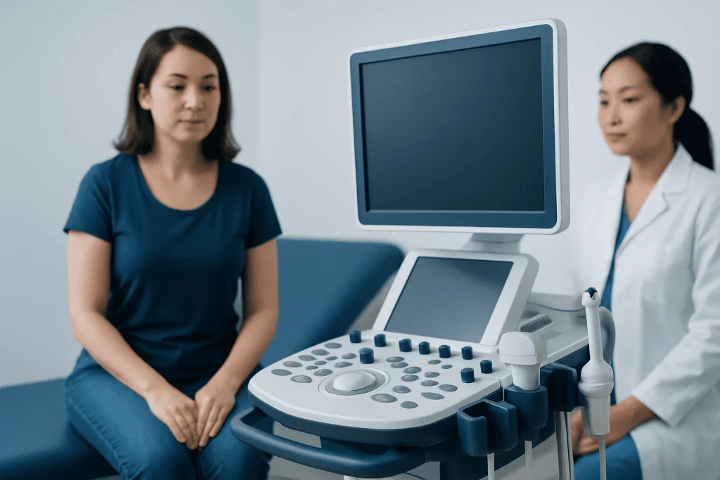 Woman undergoing an ultrasound examination at Acibadem Hospital.