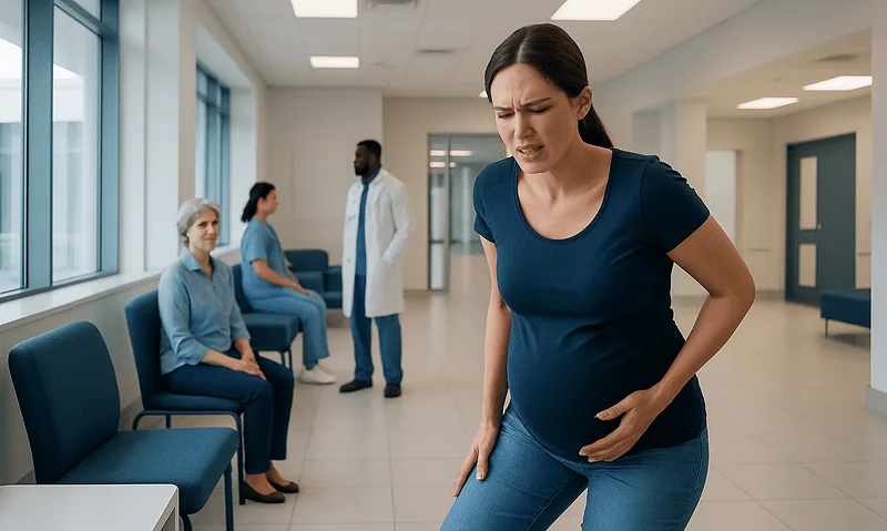 Pregnant woman experiencing abdominal pain in a hospital corridor.