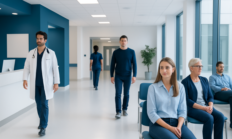 Modern hospital corridor with doctors and patients in a healthcare setting.